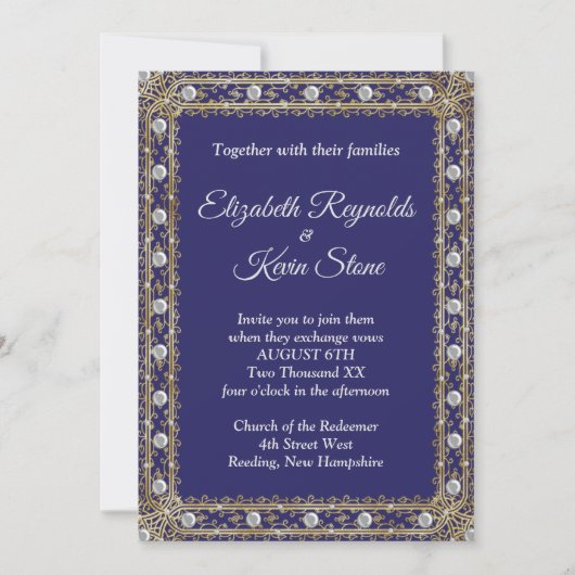 Elegant royal blue and gold bruiloft Invitation Kaart (Voorkant)