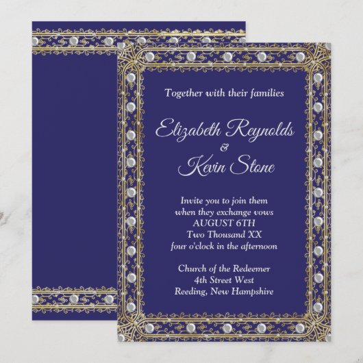 Elegant royal blue and gold bruiloft Invitation Kaart (Voorkant / Achterkant)