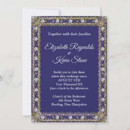 Elegant royal blue and gold bruiloft Invitation Kaart