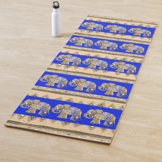 Elegant Royal Blue Batik Tribal Indian Elephants Yogamat (In situ)