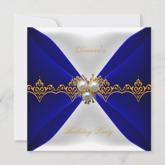 Elegant Royal Blue Birthday Gold Jewel White Kaart (Voorkant)