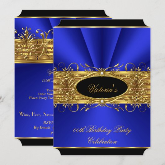 Elegant Royal Blue Black Birthday Party 2 Kaart (Voorkant / Achterkant)