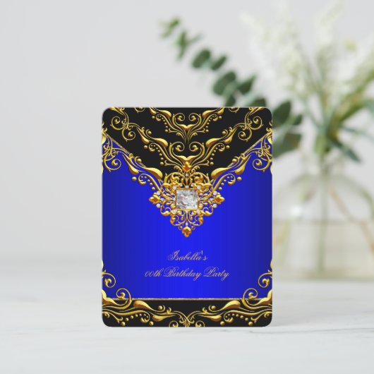 Elegant Royal Blue Black op Gold Birthday Party Kaart (Staand voorkant)