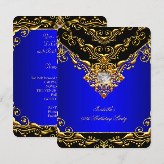 Elegant Royal Blue Black op Gold Birthday Party Kaart (Voorkant / Achterkant)