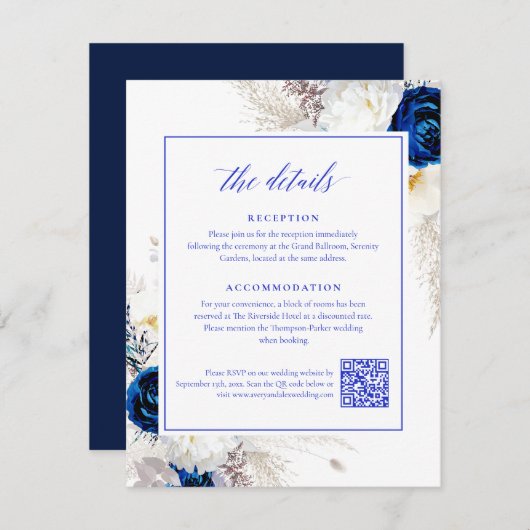 Elegant Royal Blue Bloemen Details RSVP QR Code Informatiekaartje (Voorkant / Achterkant)
