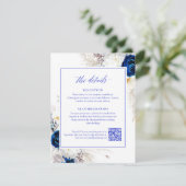 Elegant Royal Blue Bloemen Details RSVP QR Code Informatiekaartje (Staand voorkant)
