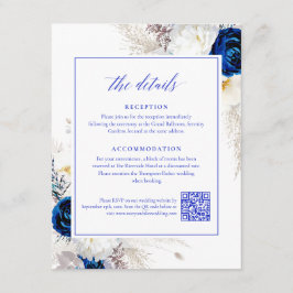 Elegant Royal Blue Bloemen Details RSVP QR Code Informatiekaartje
