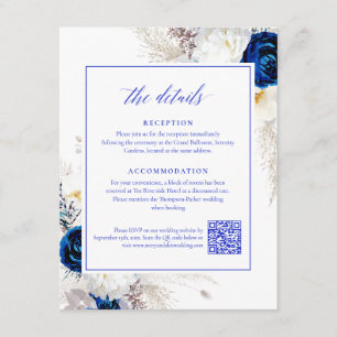 Elegant Royal Blue Bloemen Details RSVP QR Code Informatiekaartje