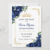 Elegant Royal Blue Bloemen Goud Quinceañera 16e Save The Date (Voorkant)