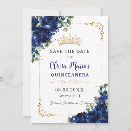 Elegant Royal Blue Bloemen Goud Quinceañera 16e Save The Date (Voorkant)