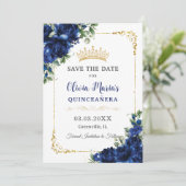 Elegant Royal Blue Bloemen Goud Quinceañera 16e Save The Date (Staand voorkant)