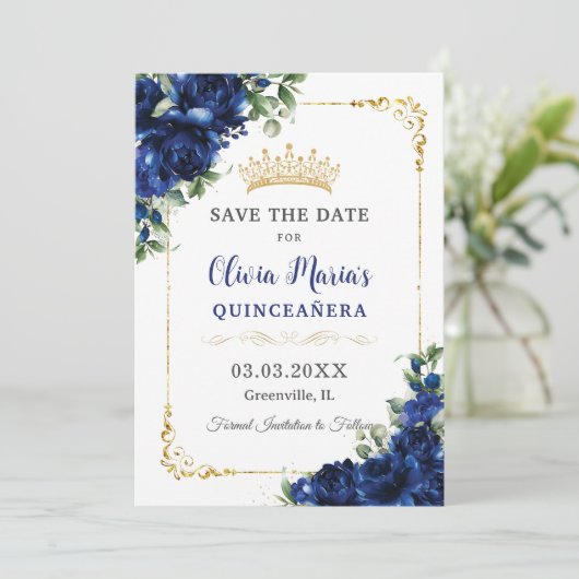 Elegant Royal Blue Bloemen Goud Quinceañera 16e Save The Date (Staand voorkant)