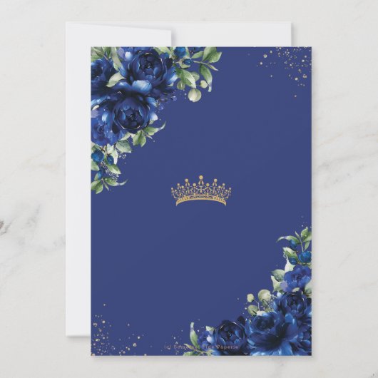 Elegant Royal Blue Bloemen Goud Quinceañera 16e Save The Date (Achterkant)