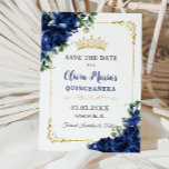 Elegant Royal Blue Bloemen Goud Quinceañera 16e Save The Date<br><div class="desc">Personaliseer deze koningsblauwe bloemenquinceañera / Sweet 16 birthday en bewaar de datum gemakkelijk en snel. Klik op de knop verder aanpassen om de teksten te bewerken, lettertypen en lettertypekleuren te wijzigen. Met levendige koningsblauwe bloemen en gouden elementen. Overeenkomende objecten beschikbaar in de winkel. (c) Somerset Fine Paperie van The Happy...</div>