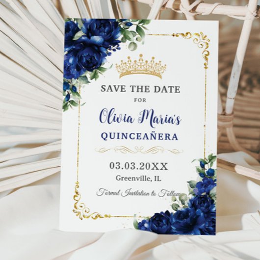 Elegant Royal Blue Bloemen Goud Quinceañera 16e Save The Date