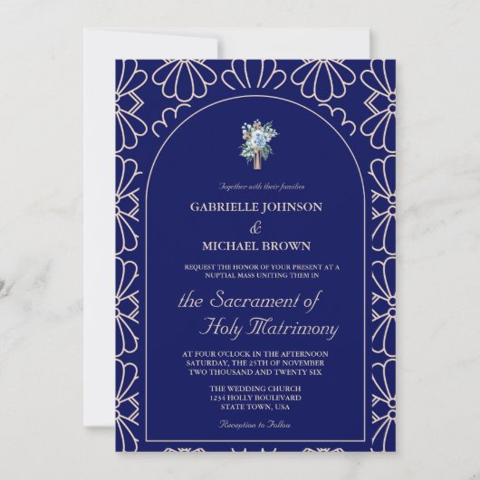 Elegant Royal Blue Bloemen Nuptial Mass Bruiloft Kaart (Voorkant)