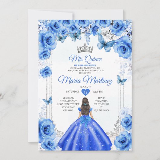 Elegant Royal Blue Bloemen Prinses Mis Quince Kaart (Voorkant)