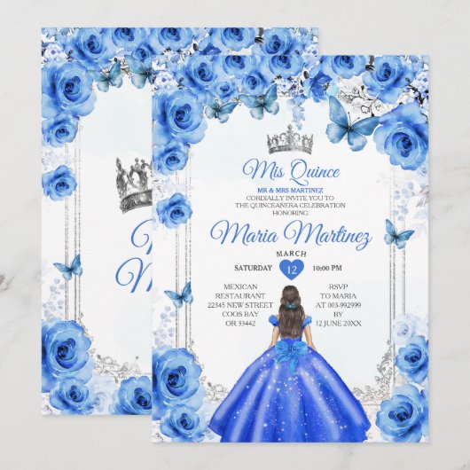 Elegant Royal Blue Bloemen Prinses Mis Quince Kaart (Voorkant / Achterkant)