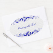 Elegant Royal Blue Bloemenblad & Witte Damasks Ovale Sticker (Envelop)