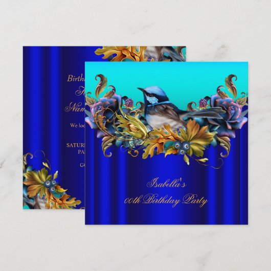 Elegant Royal Blue Bluebird Blauwgroen Gold Birthd Kaart (Voorkant / Achterkant)