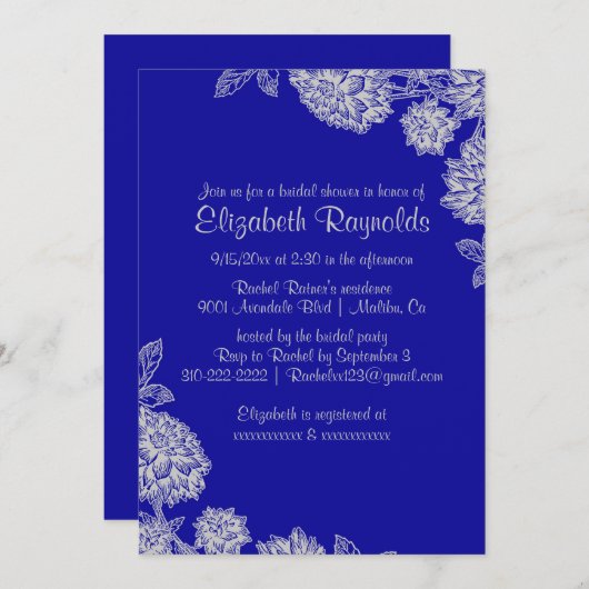 Elegant Royal Blue Bridal Shower Invitations Kaart (Voorkant / Achterkant)
