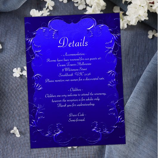 Elegant Royal Blue bruiloft details behuizing Kaar Informatiekaartje