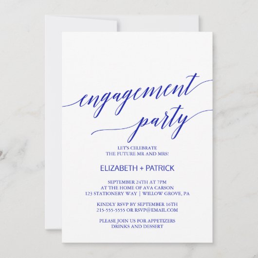 Elegant Royal Blue Calligraphy Engagement Party Kaart (Voorkant)