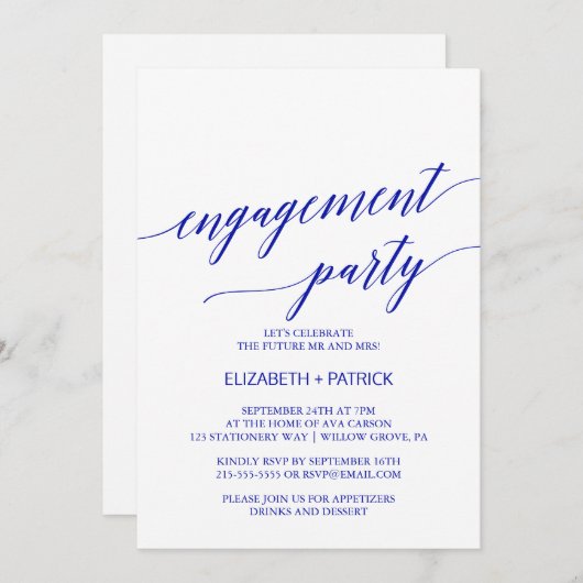 Elegant Royal Blue Calligraphy Engagement Party Kaart (Voorkant / Achterkant)