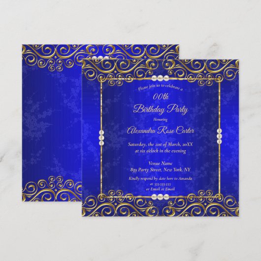 Elegant Royal Blue Cream Pearl Birthday Party Kaart (Voorkant / Achterkant)
