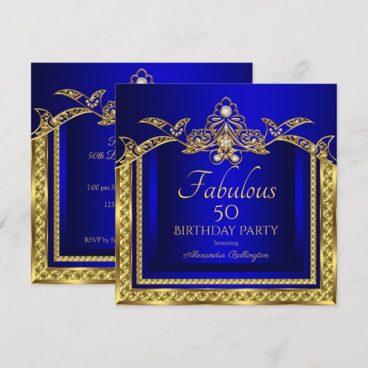 Elegant Royal Blue Damask Birthday Party Kaart (Voorkant / Achterkant)