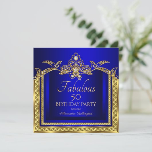 Elegant Royal Blue Damask Birthday Party Kaart (Staand voorkant)