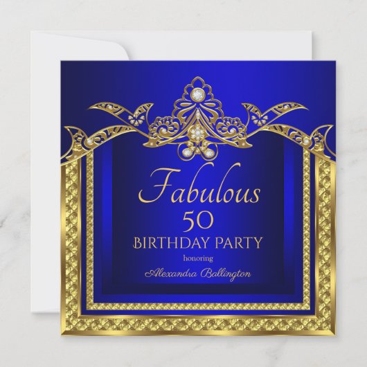 Elegant Royal Blue Damask Birthday Party Kaart (Voorkant)