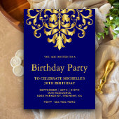 Elegant Royal Blue Damask Birthday Party Kaart
