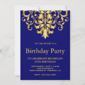 Elegant Royal Blue Damask Birthday Party Kaart (Voorkant)