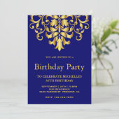 Elegant Royal Blue Damask Birthday Party Kaart (Staand voorkant)