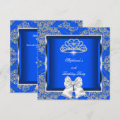 Elegant Royal Blue Damask Silver Birthday Party Kaart (Voorkant / Achterkant)