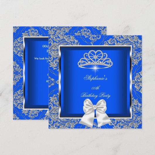 Elegant Royal Blue Damask Silver Birthday Party Kaart (Voorkant / Achterkant)