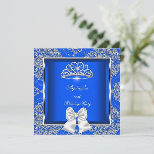 Elegant Royal Blue Damask Silver Birthday Party Kaart (Staand voorkant)