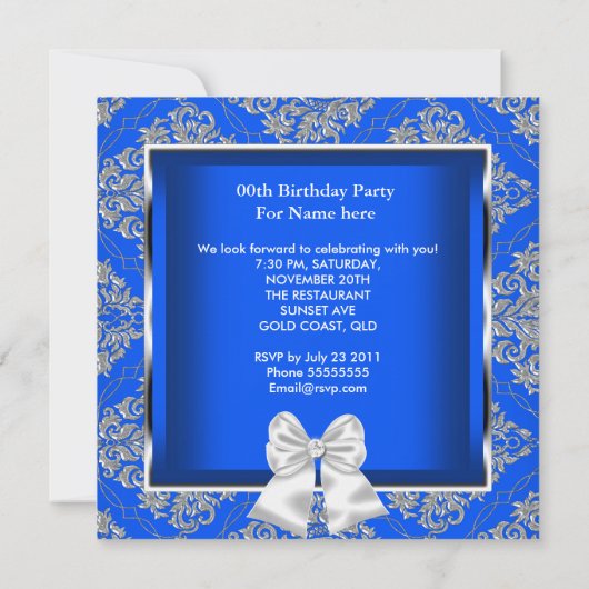 Elegant Royal Blue Damask Silver Birthday Party Kaart (Achterkant)