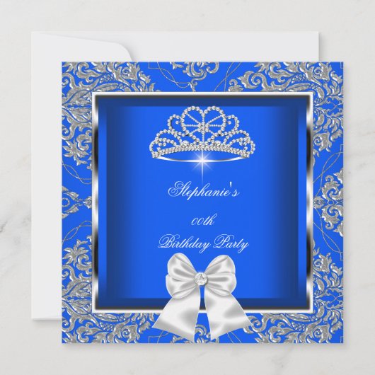Elegant Royal Blue Damask Silver Birthday Party Kaart (Voorkant)
