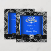 Elegant Royal Blue Damask Silver Black Party Kaart (Voorkant / Achterkant)