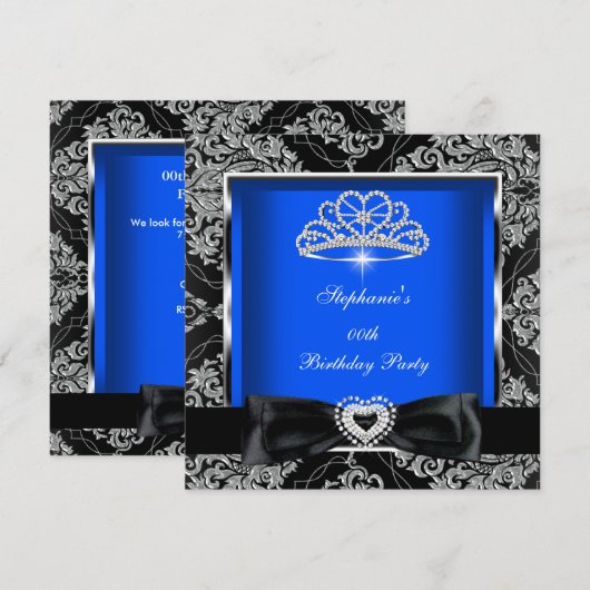Elegant Royal Blue Damask Silver Black Party Kaart (Voorkant / Achterkant)