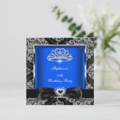Elegant Royal Blue Damask Silver Black Party Kaart (Staand voorkant)