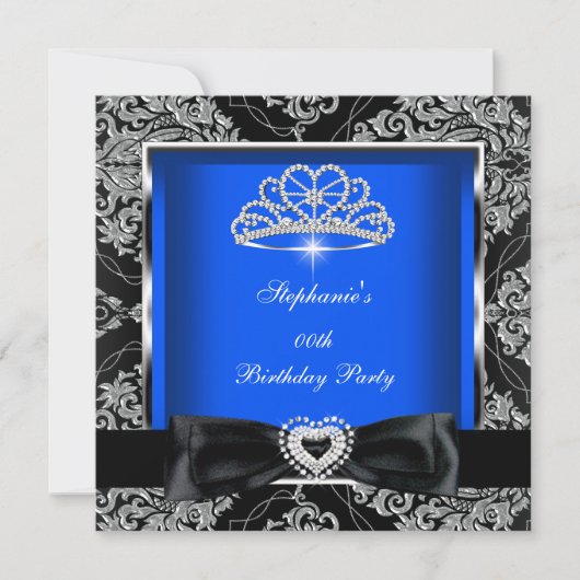 Elegant Royal Blue Damask Silver Black Party Kaart (Voorkant)