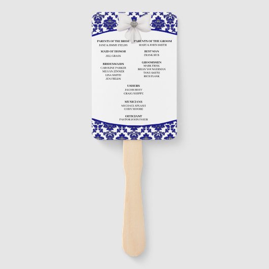 Elegant Royal Blue Damask Wedding Programme Handwaaier (Achterkant)