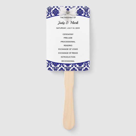 Elegant Royal Blue Damask Wedding Programme Handwaaier (Voorkant)