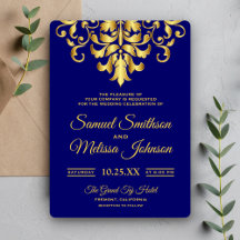 Elegant Royal Blue Damask Wedding Uitnodiging