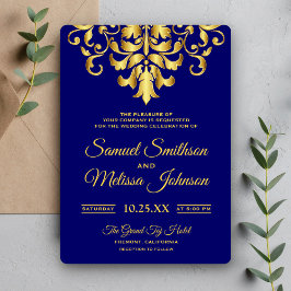 Elegant Royal Blue Damask Wedding Uitnodiging