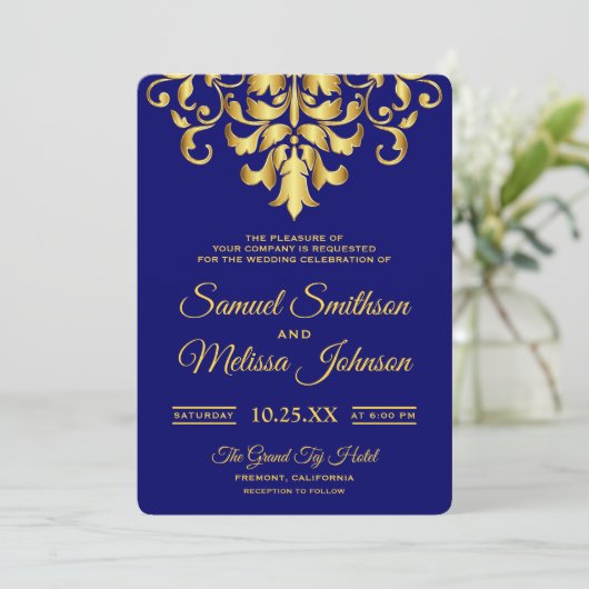 Elegant Royal Blue Damask Wedding Uitnodiging (Staand voorkant)
