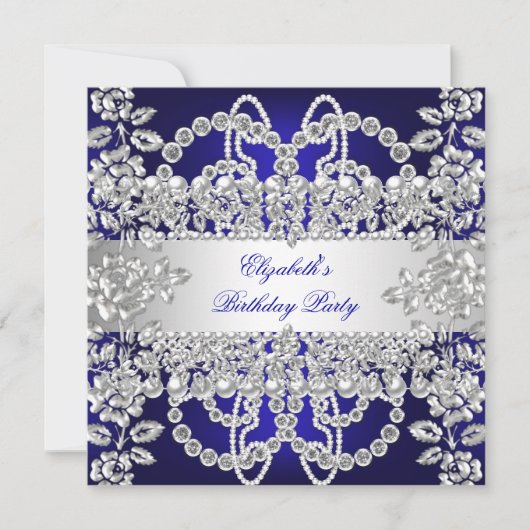 Elegant Royal Blue Diamonds Silver Birthday Party Kaart (Voorkant)